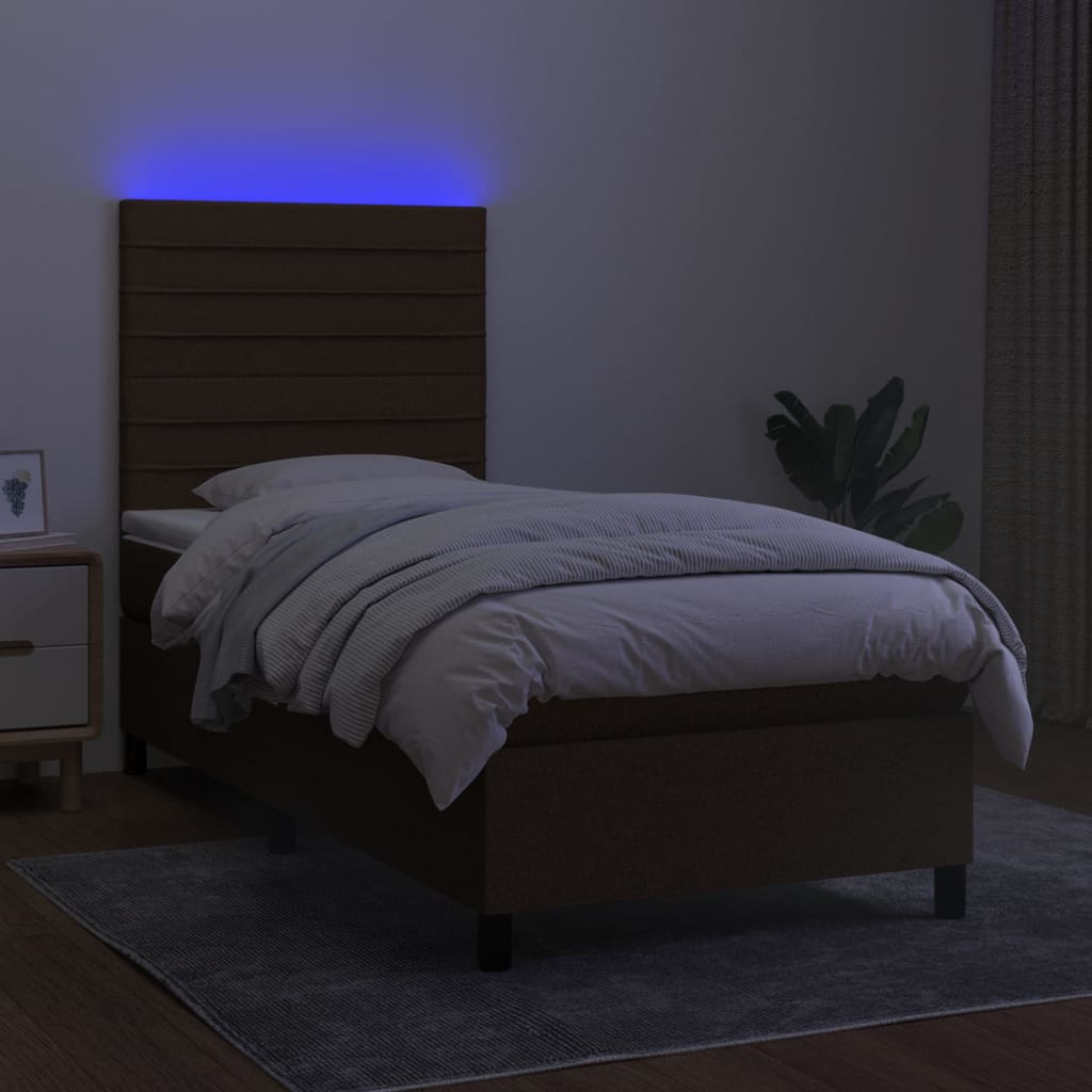 Barna szövet rugós és LED-es ágy matraccal 80 x 200 cm 