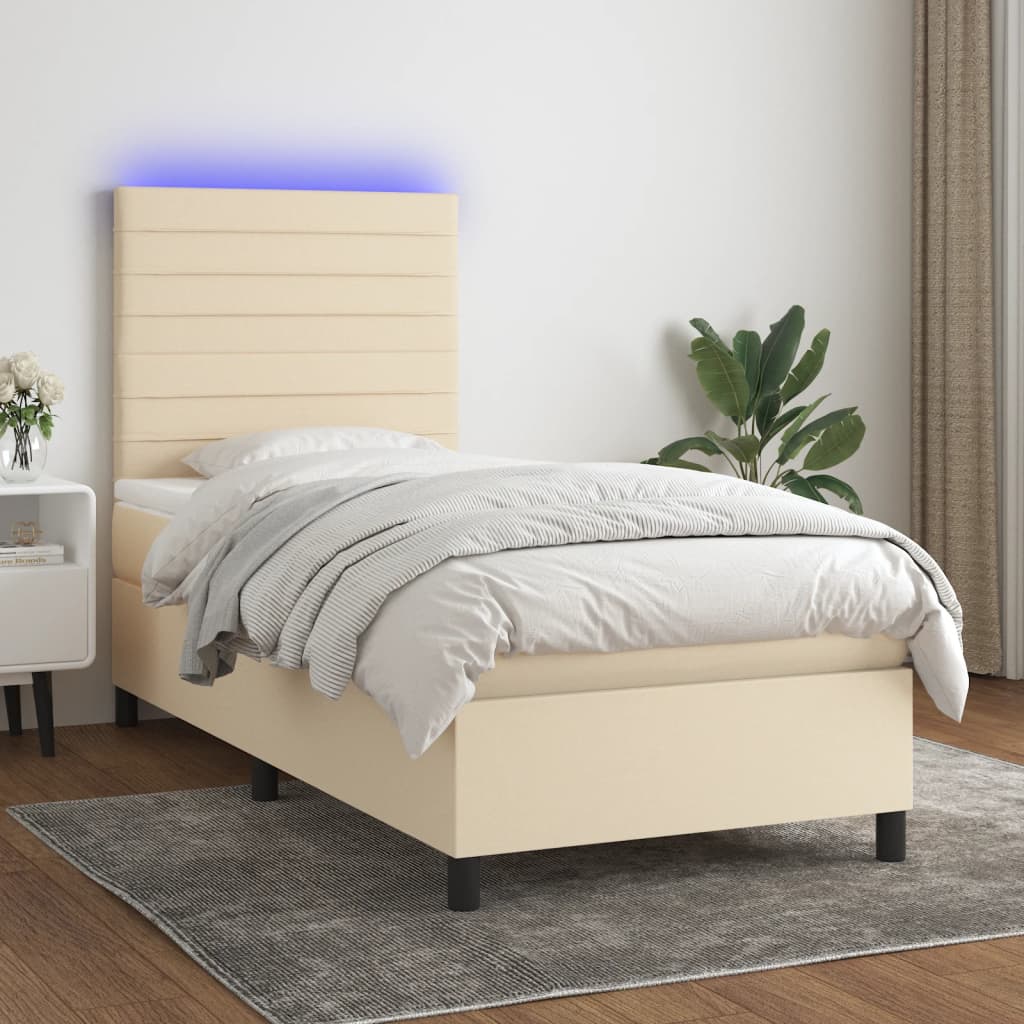 Box spring postel s matrací a LED krémová 100x200 cm textil