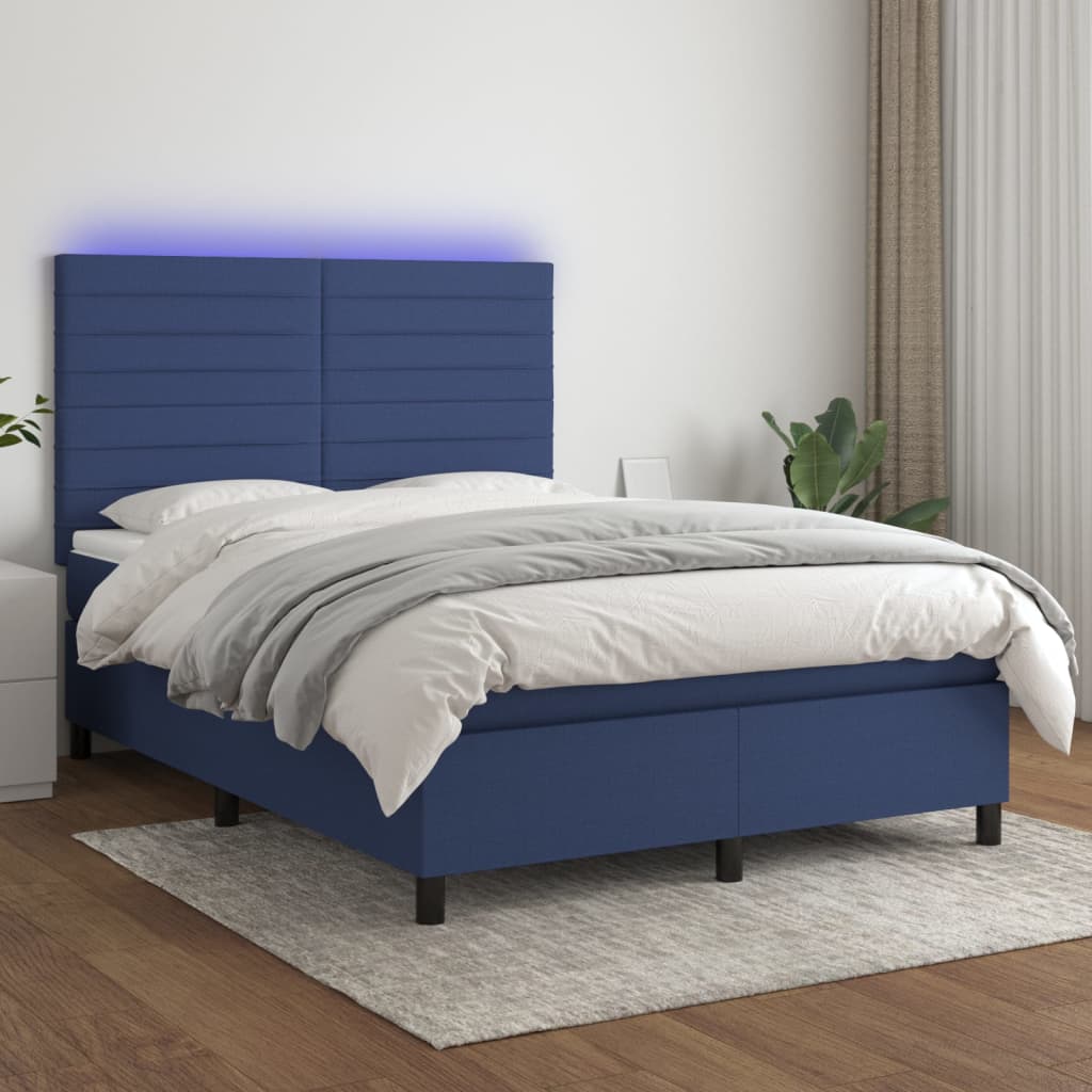 vidaXL Pat cu arcuri, saltea È™i LED, albastru, 140×190 cm, textil