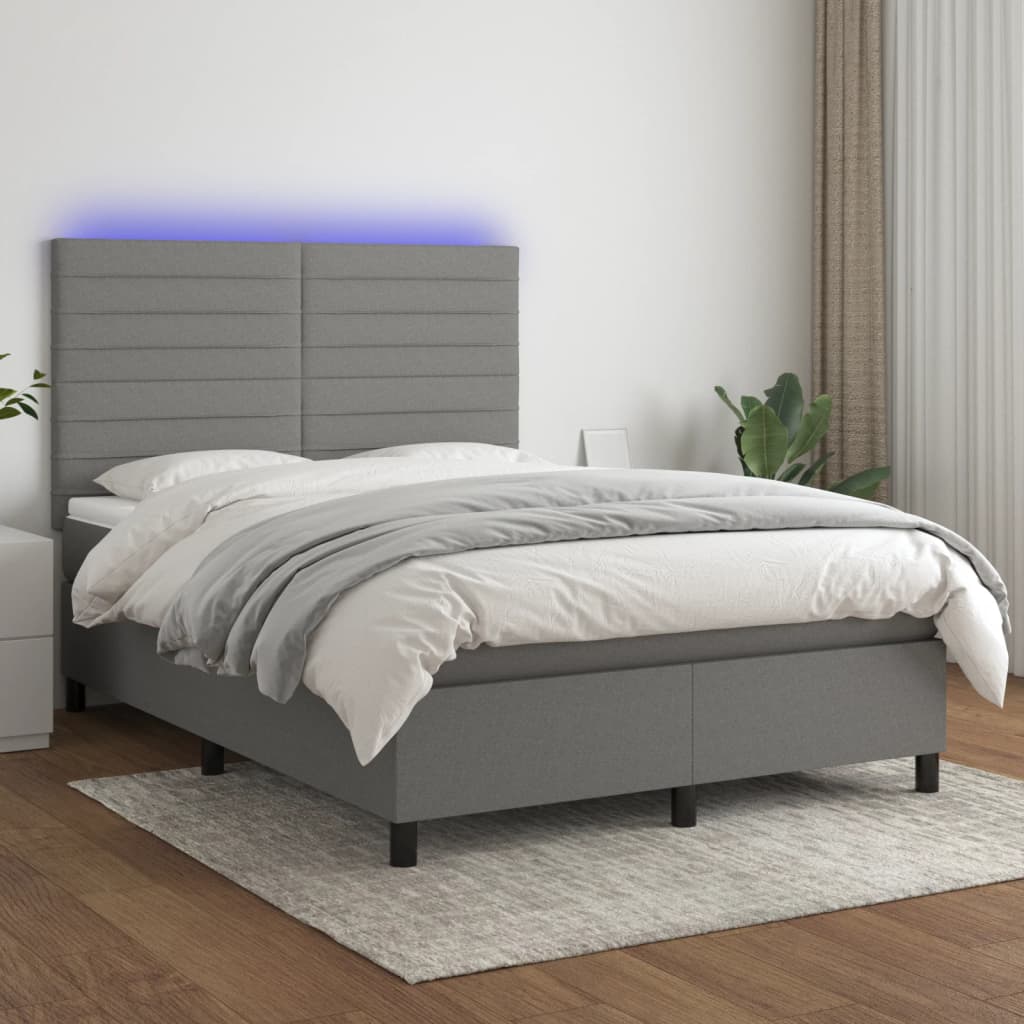 vidaXL Boxspringbett mit Matratze & LED Dunkelgrau 140x200 cm Stoff