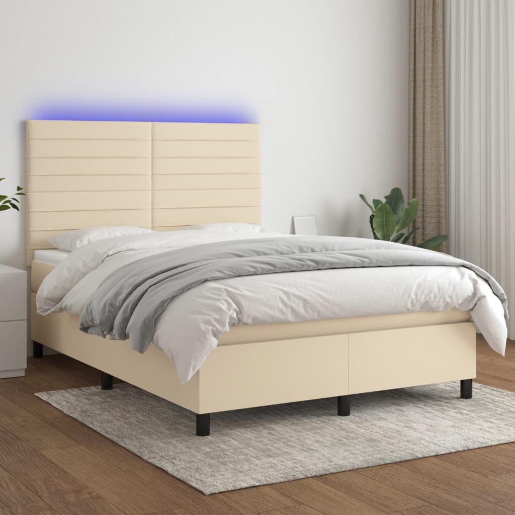 Sommier tapissier avec matelas et LED Crème 140x200 cm Tissu