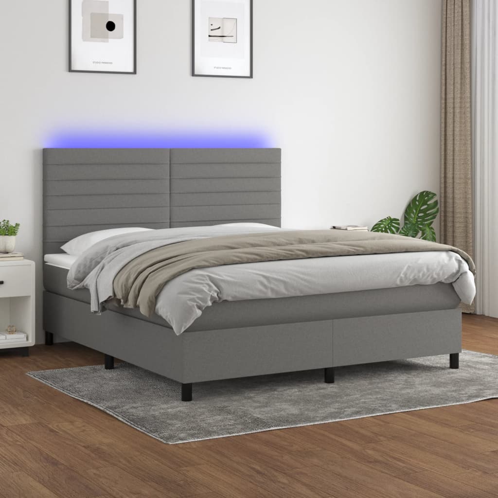 Sötétszürke szövet rugós és LED-es ágy matraccal 160x200 cm 