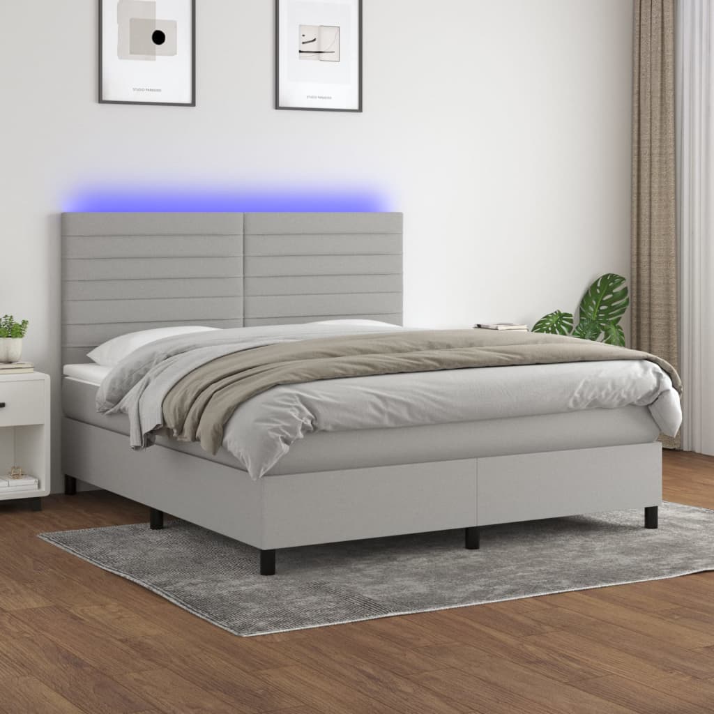 Box spring postel s matrací a LED světle šedá 180x200 cm textil