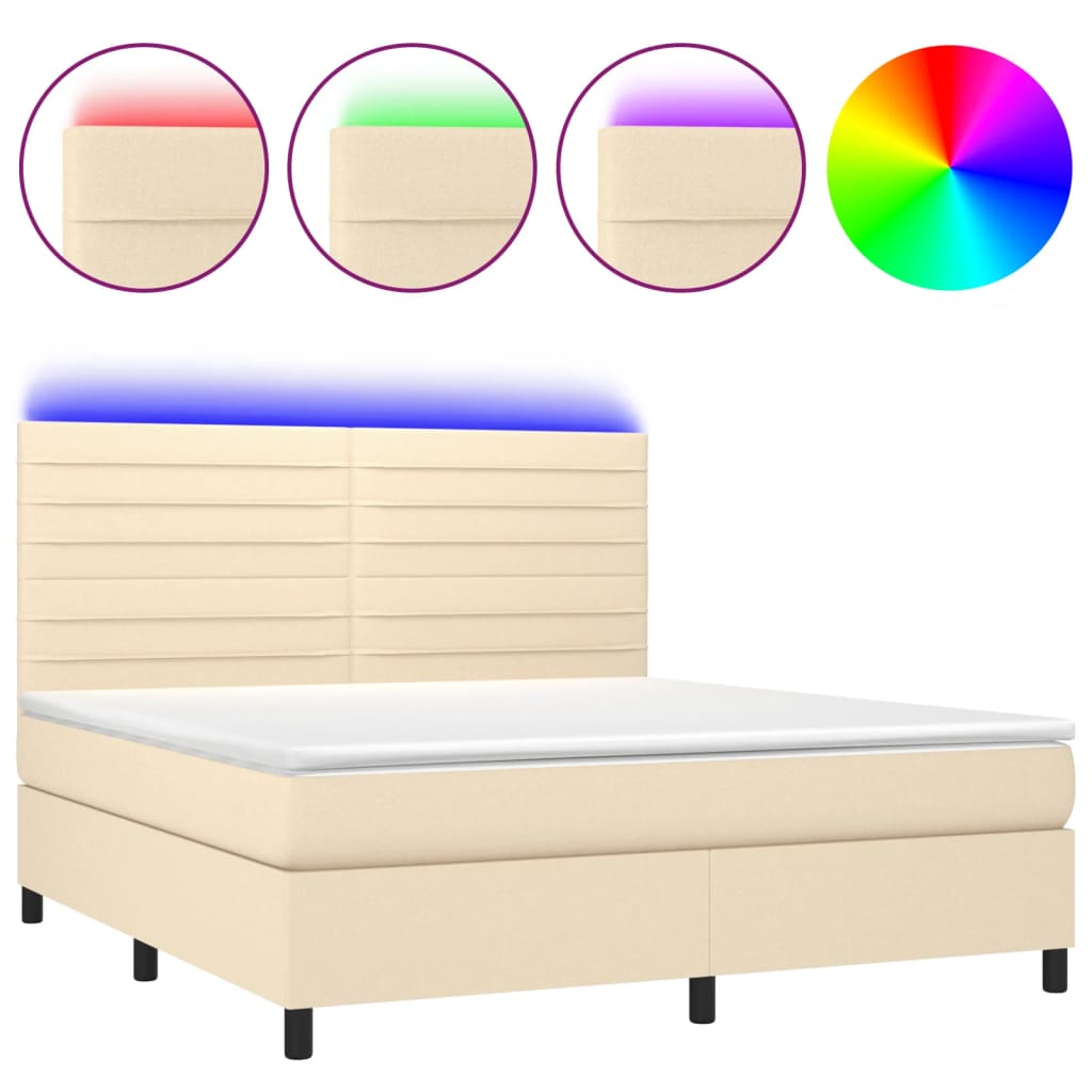 E-shop vidaXL Posteľ boxsping s matracom a LED krémová 180x200 cm látka
