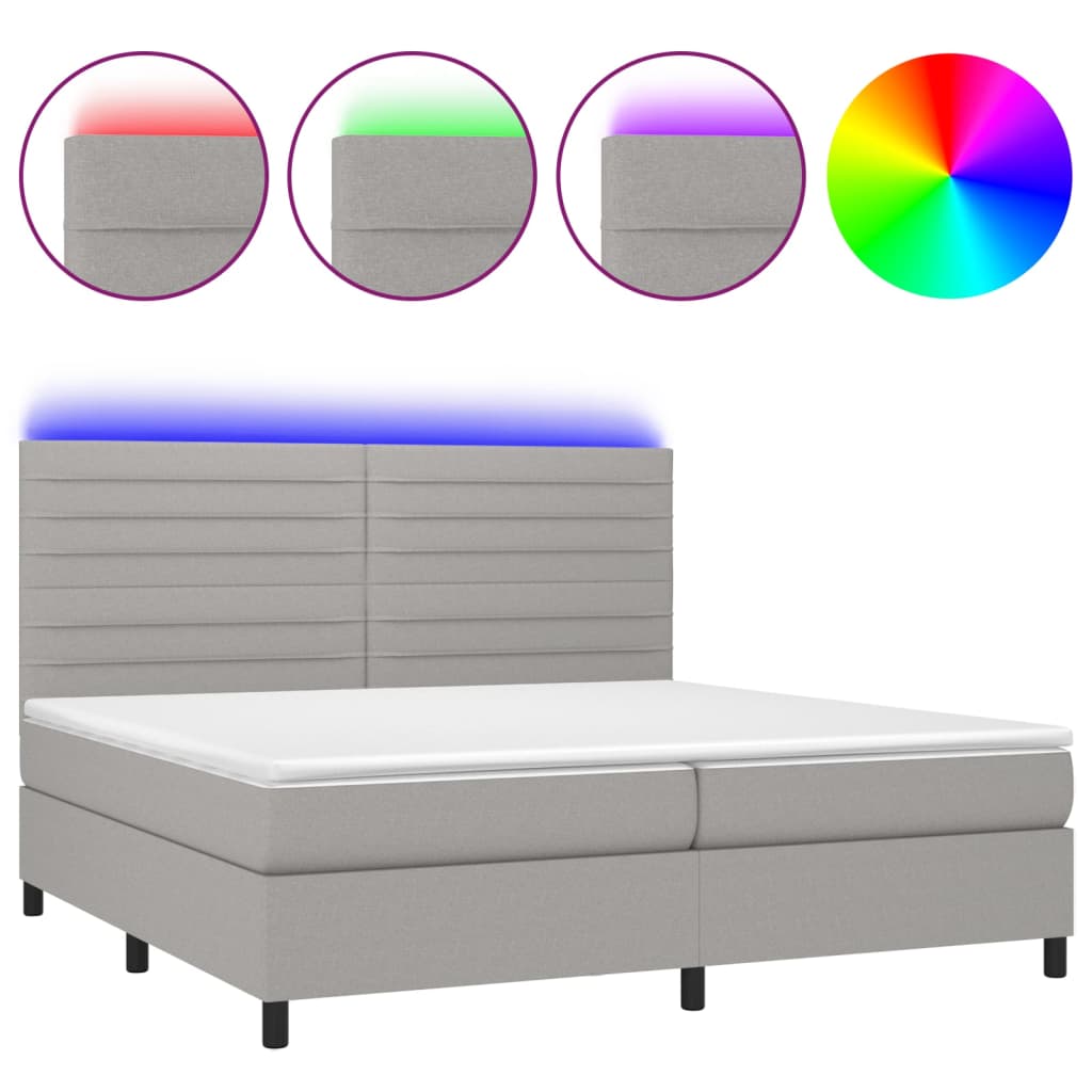 vidaXL Box spring postelja z vzmetnico LED sv. siva 200x200 cm blago