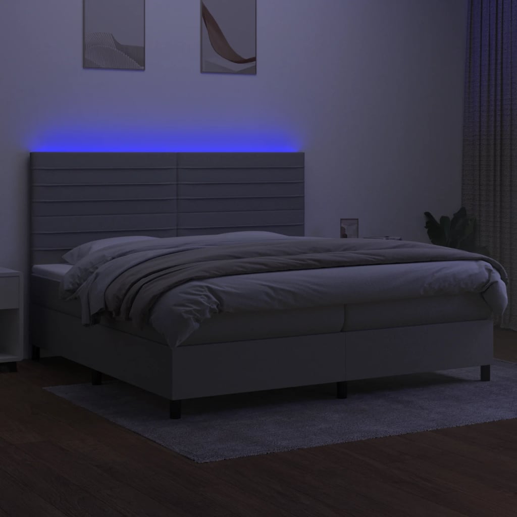 Box spring postel s matrací a LED světle šedá 200x200 cm textil