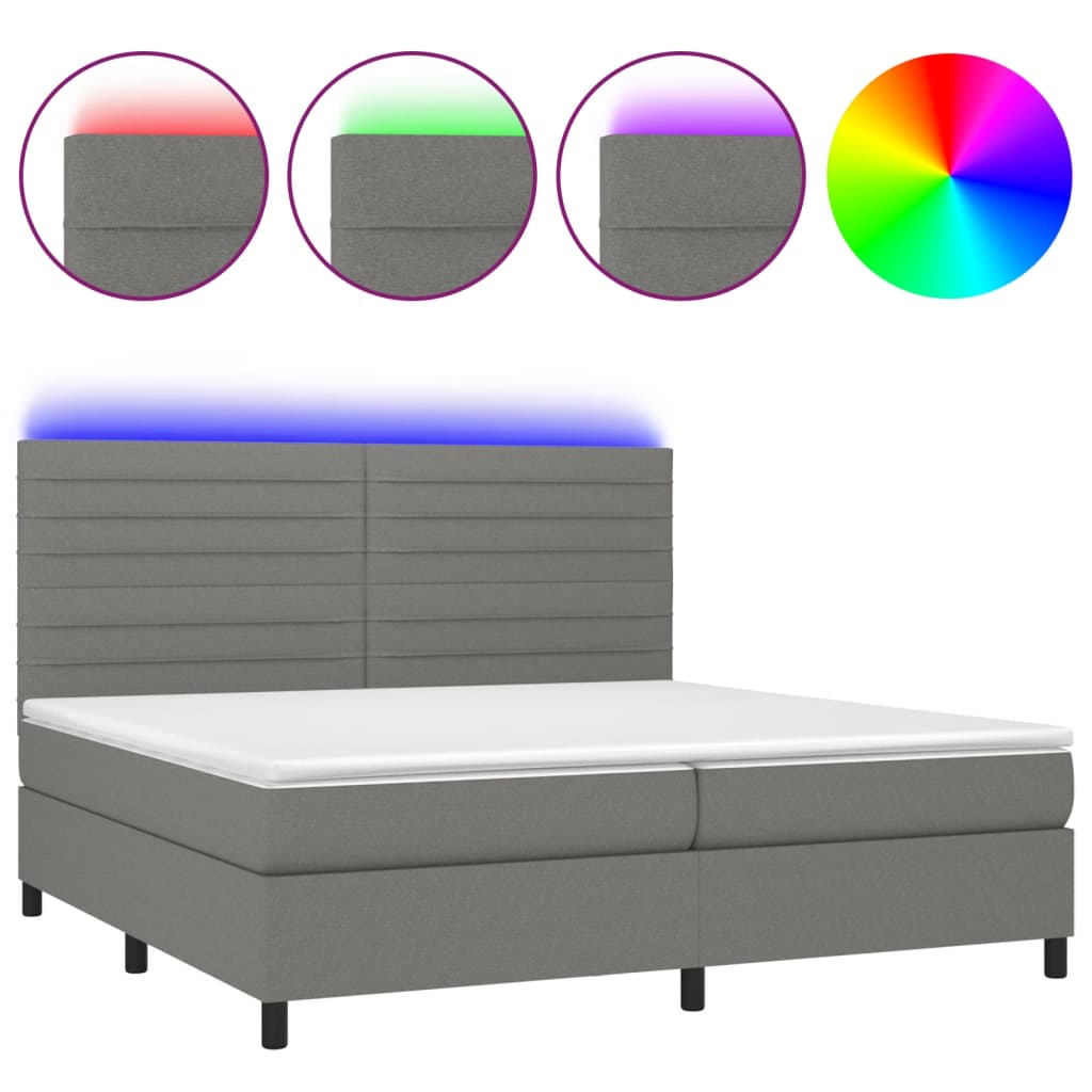 vidaXL Box spring postelja z vzmetnico LED temno siva 200x200 cm blago