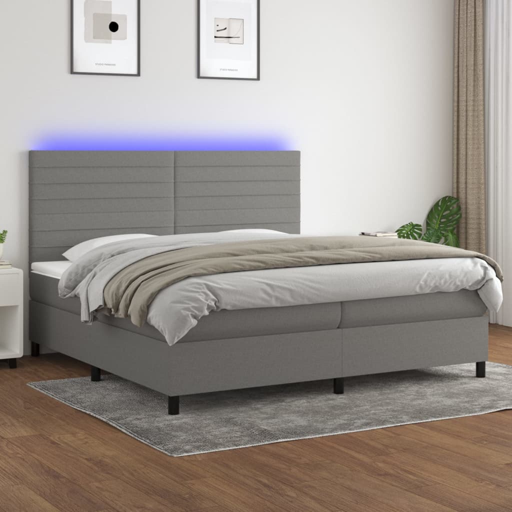 Box spring postel s matrací a LED tmavě šedá 200x200 cm textil