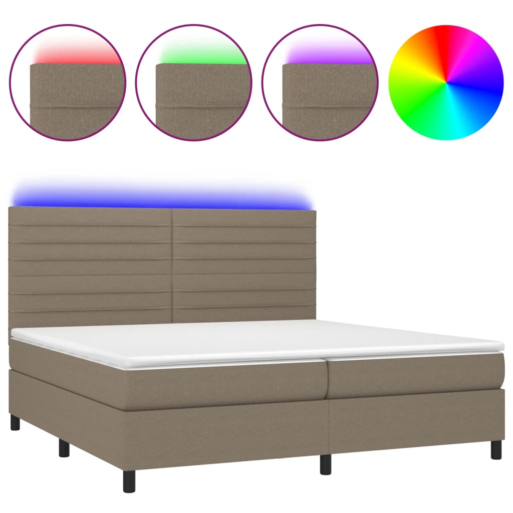 vidaXL Box spring postelja z vzmetnico LED taupe 200x200 cm blago