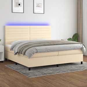 Box spring postelja z vzmetnico LED krem 200x200 cm blago