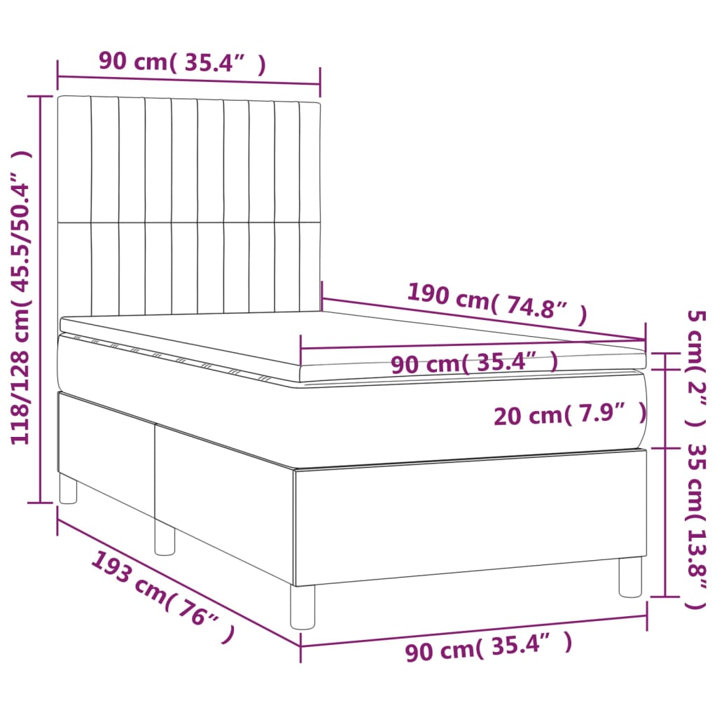 Box spring postelja z vzmetnico LED temno siva 90x190 cm blago