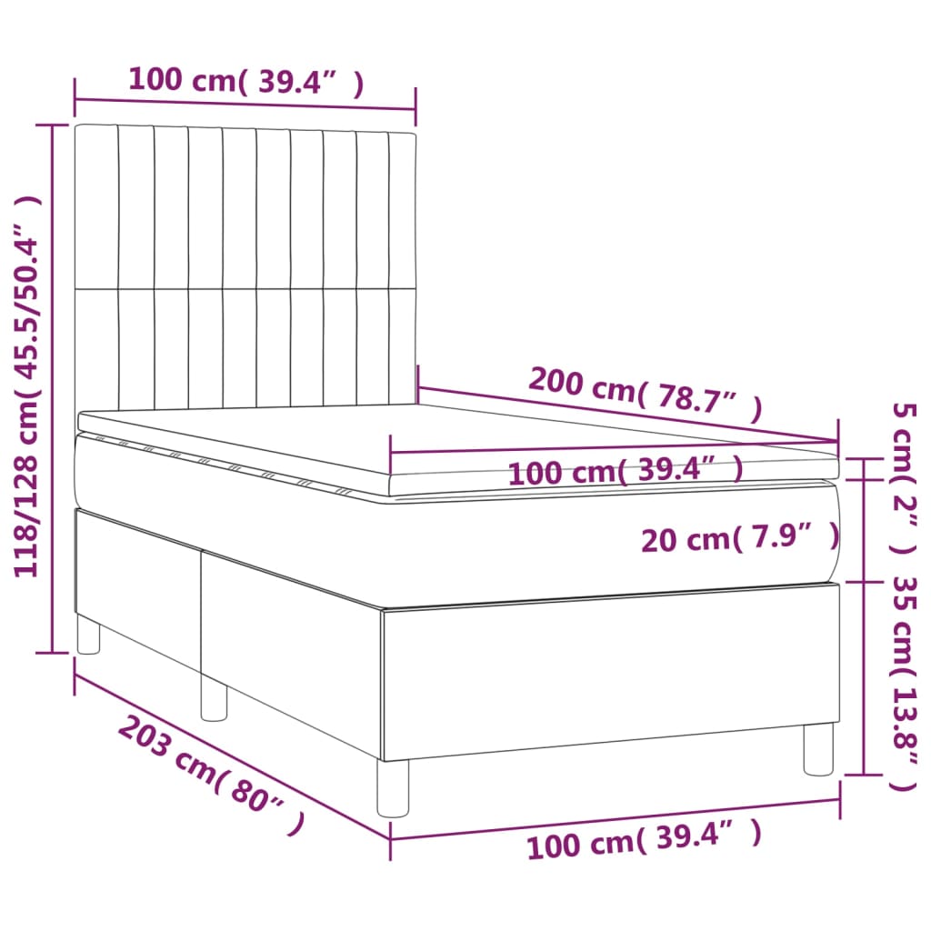 Box spring postel s matrací a LED světle šedá 100x200 cm textil