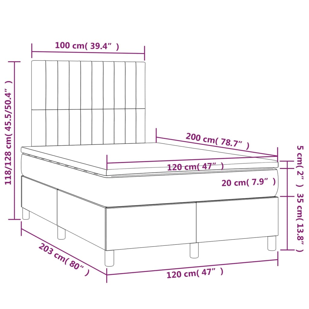 világosszürke szövet rugós és LED-es ágy matraccal 120 x 200 cm