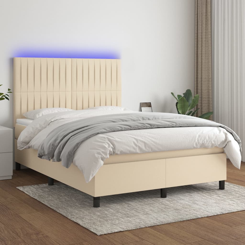 Box spring postel s matrací a LED krémová 140x200 cm textil