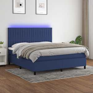 Box spring postelja z vzmetnico LED modra 180x200 cm blago