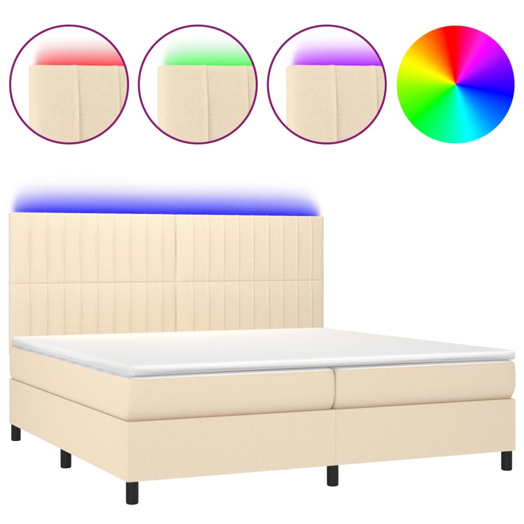 vidaXL Box spring postel s matrací a LED krémová 200x200 cm textil