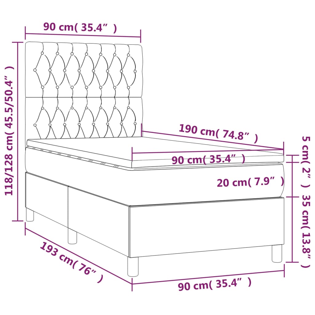 Pat cu arcuri, saltea și LED, gri taupe, 90x190 cm, textil