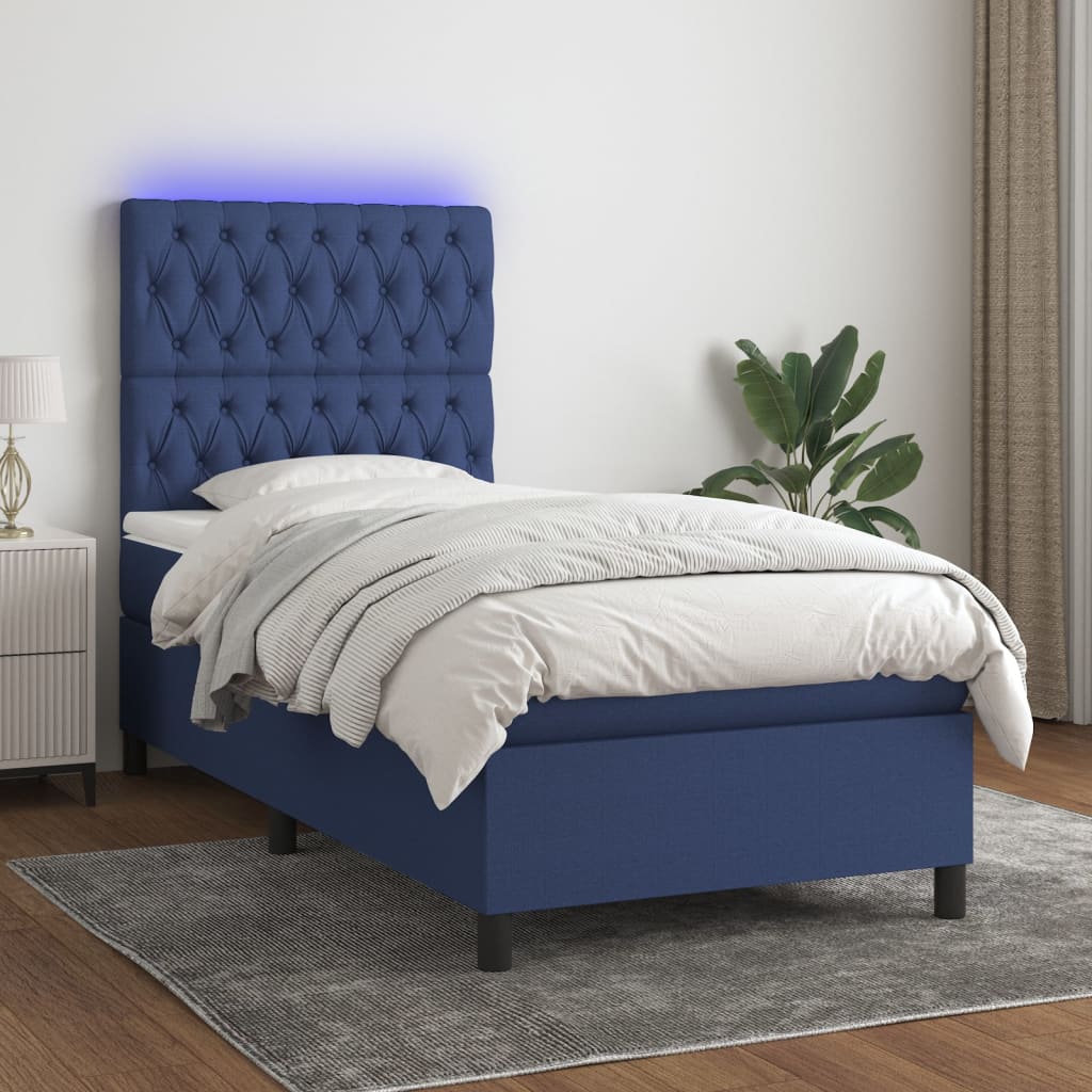 Box spring postel s matrací a LED modrá 90x200 cm textil
