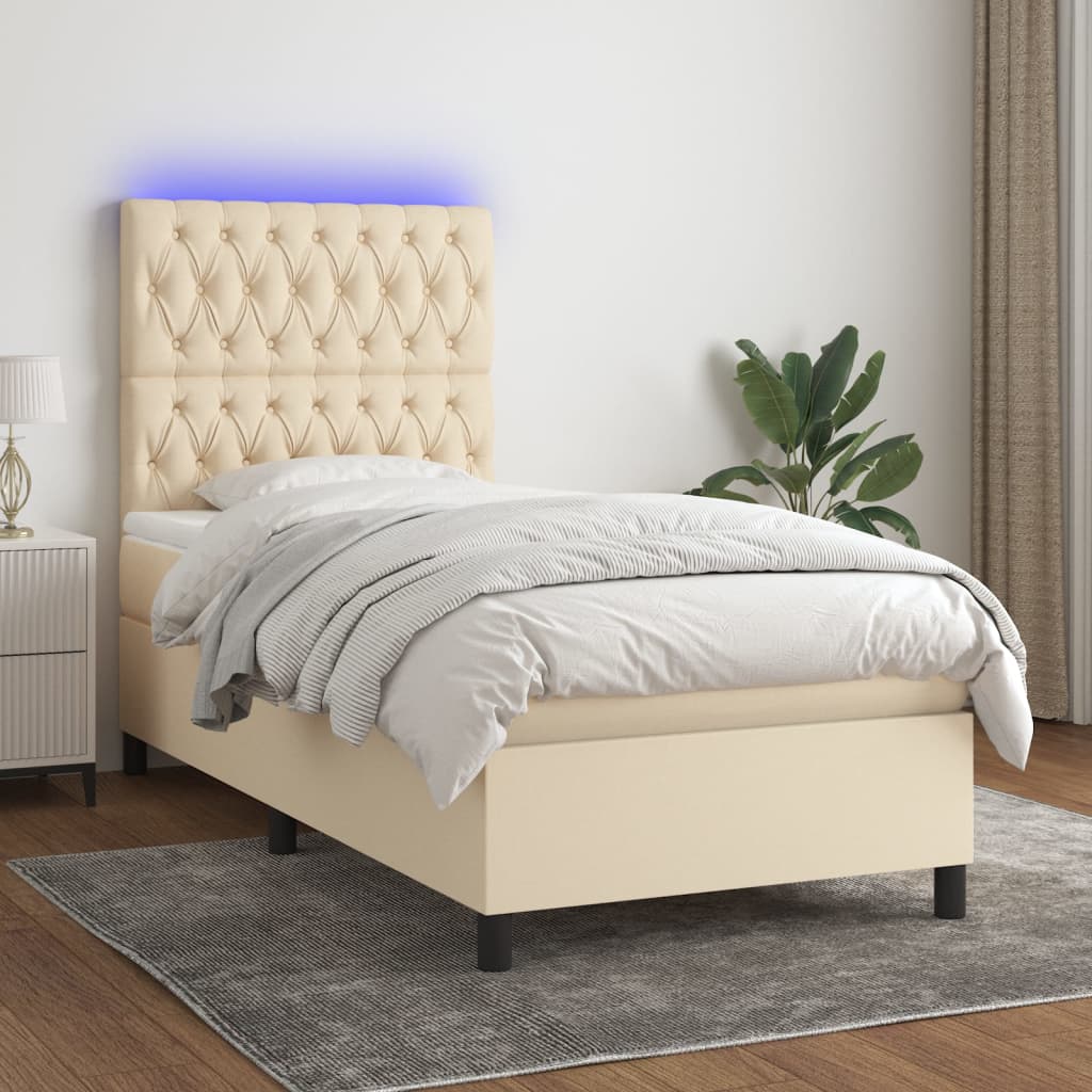 Sommier tapissier avec matelas et LED Crème 100x200 cm Tissu