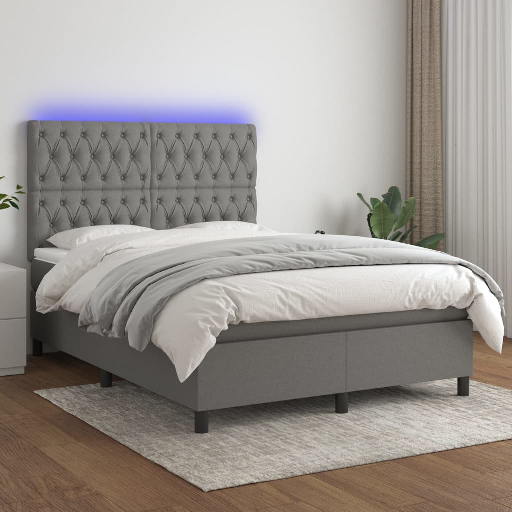 Box spring postel s matrací a LED tmavě šedá 140x190 cm textil