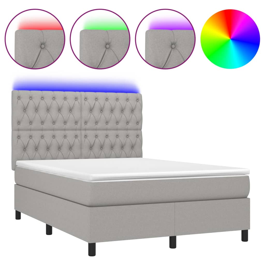 Világosszürke szövet rugós és LED-es ágy matraccal 140x200 cm 