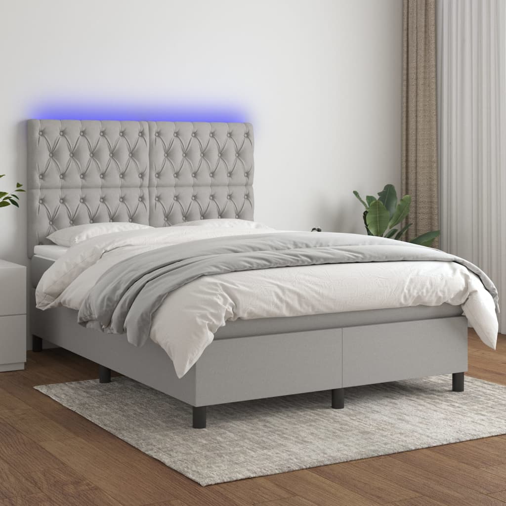 vidaXL Boxspringbett mit Matratze & LED Hellgrau 140x200 cm Stoff