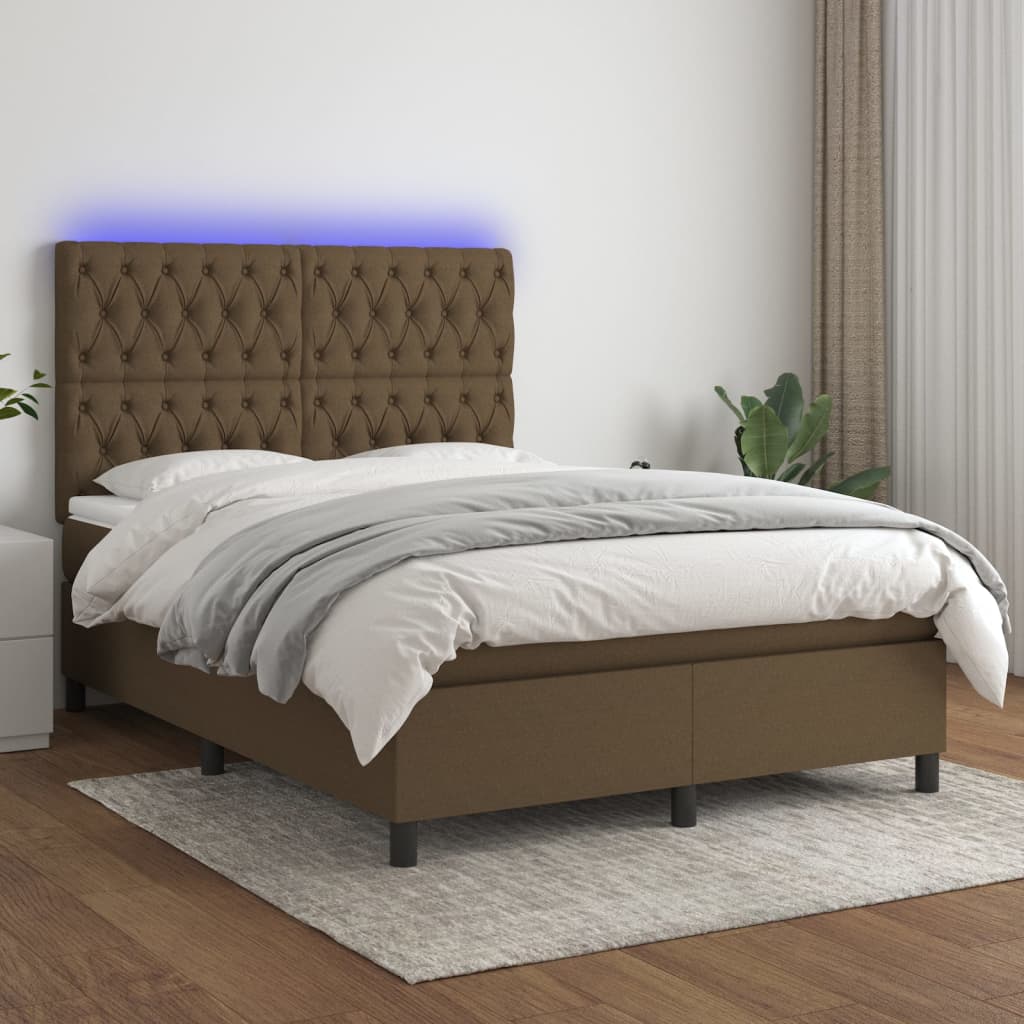 Sommier tapissier matelas et LED Marron foncé 140x200 cm Tissu