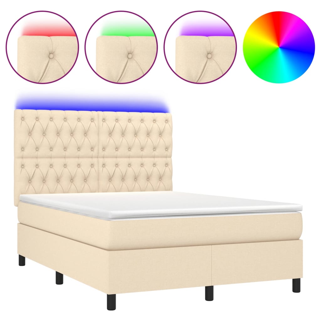 vidaXL Boxspring met matras en LED stof crèmekleurig 140x200 cm