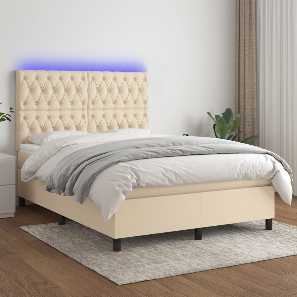 vidaXL Boxspringbett mit Matratze & LED Creme 140x200 cm Stoff