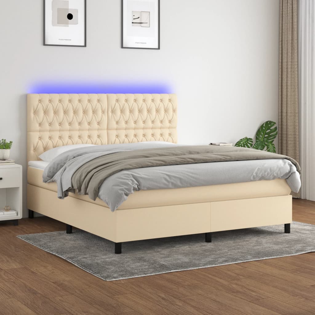 Box spring postel s matrací a LED krémová 160x200 cm textil