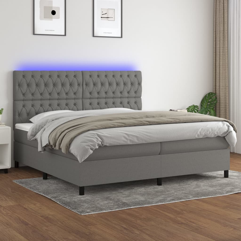 Box spring postel s matrací a LED tmavě šedá 200x200 cm textil