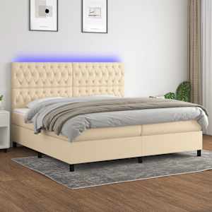 Box spring postel s matrací a LED krémová 200x200 cm textil - obrázek 1