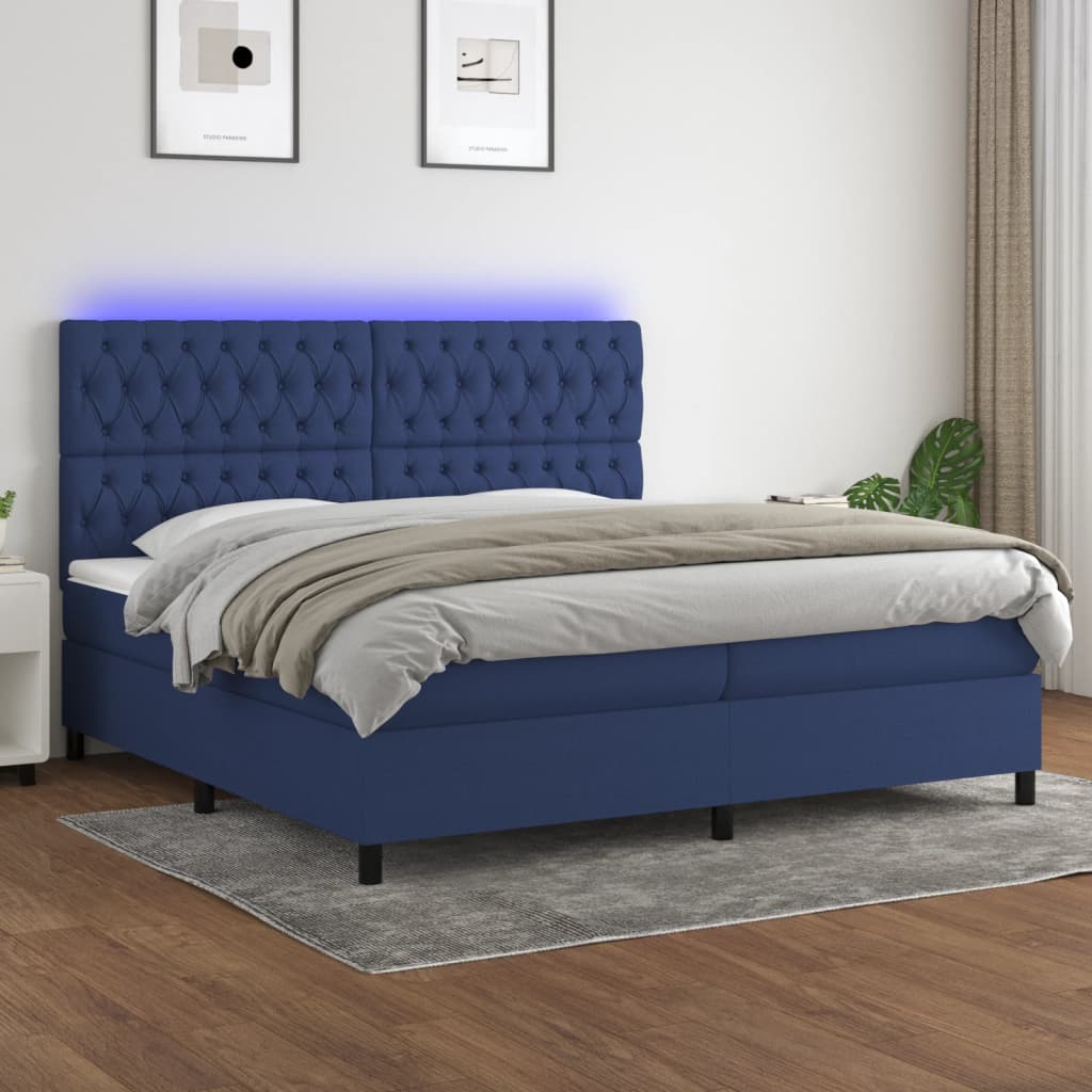 Sommier tapissier et matelas et LED Bleu 200x200 cm Tissu