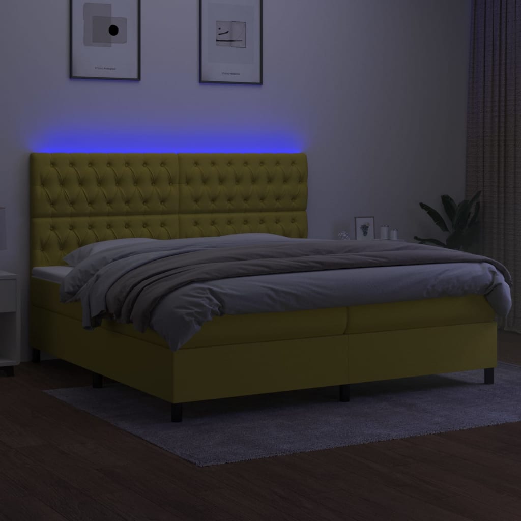 Zöld szövet rugós és LED-es ágy matraccal 200 x 200 cm 