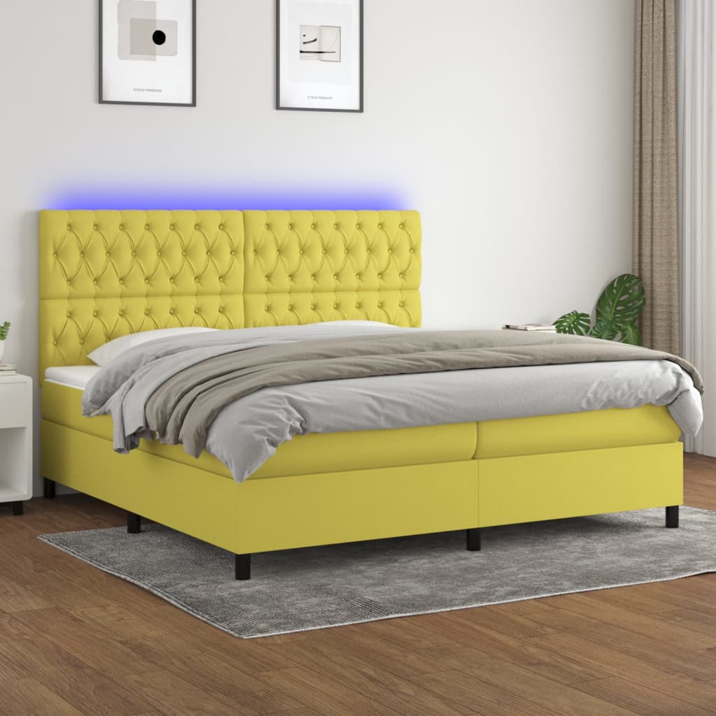 Zöld szövet rugós és LED-es ágy matraccal 200 x 200 cm 