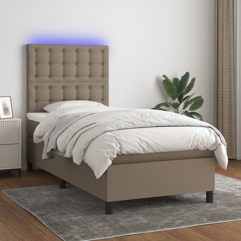 vidaXL Pat cu arcuri, saltea și LED, gri taupe, 90x190 cm, textil