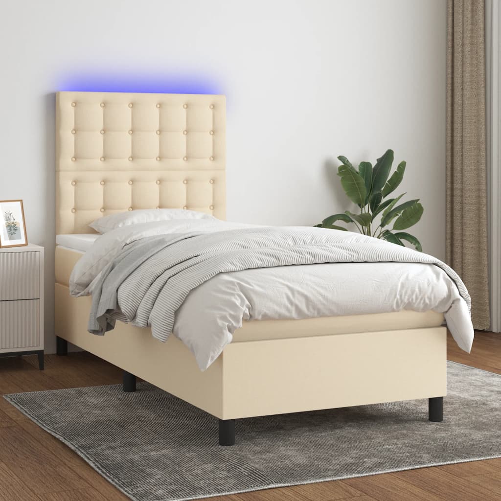 Box spring postel s matrací a LED krémová 90x190 cm textil