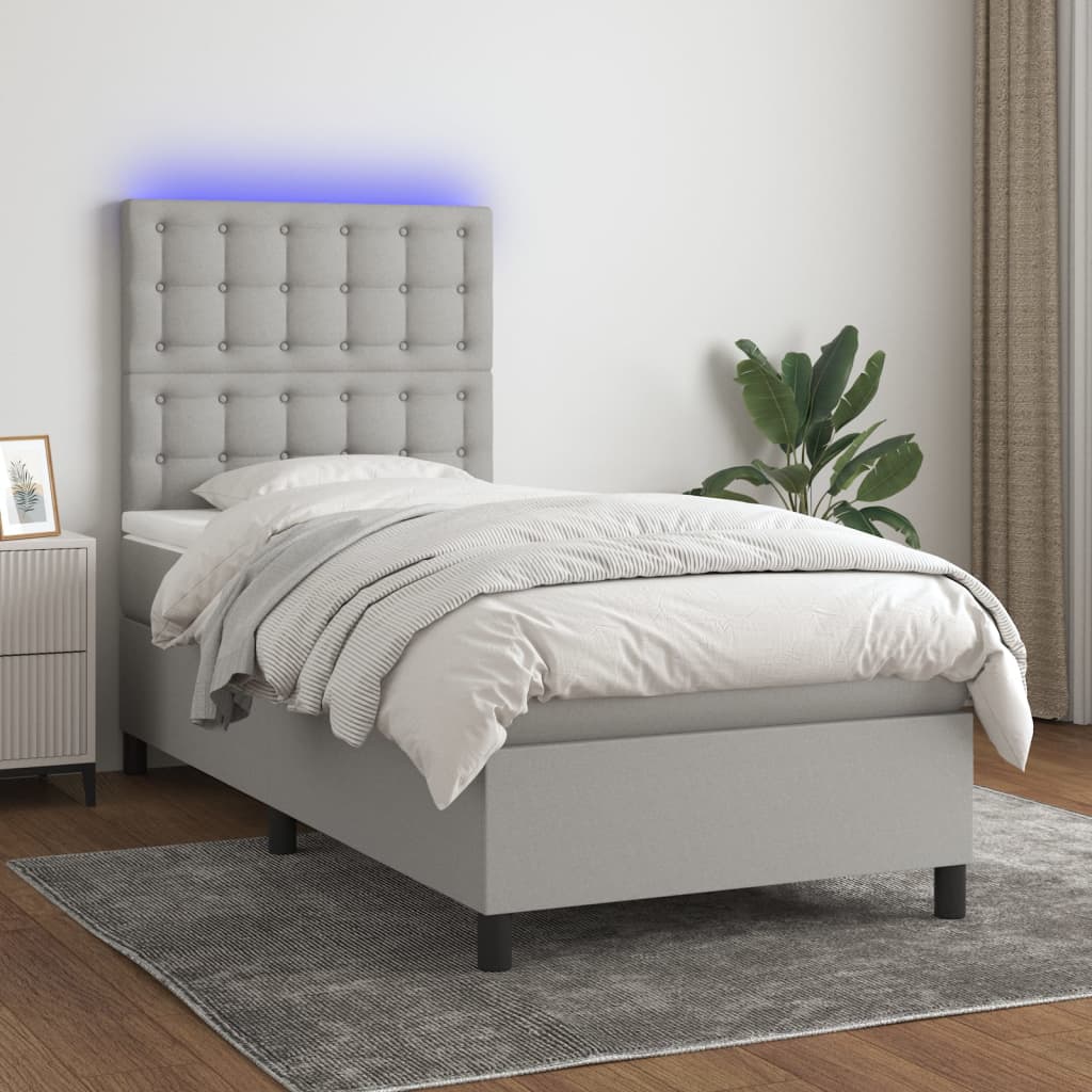 vidaXL Boxspringbett mit Matratze & LED Hellgrau 100x200 cm Stoff