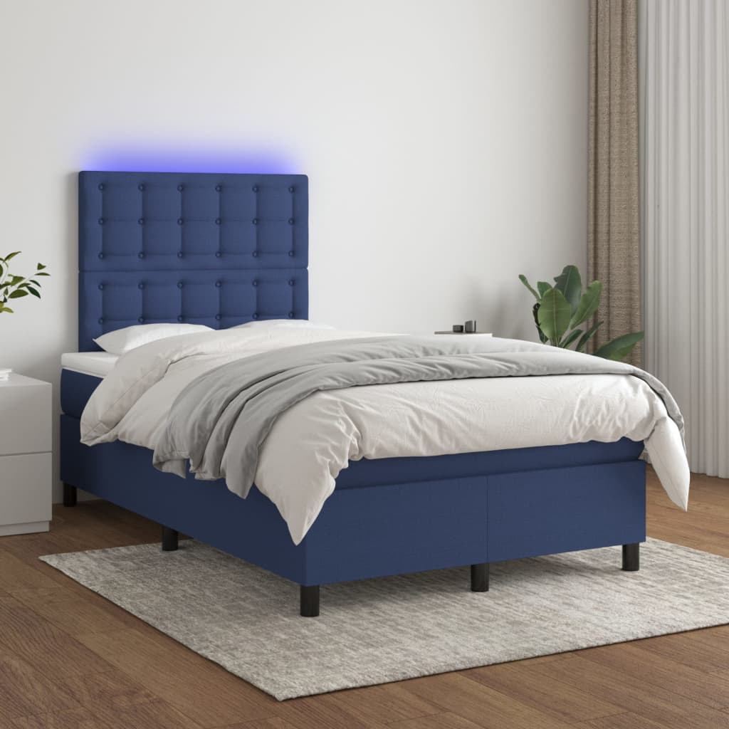 vidaXL Pat cu arcuri, saltea și LED, albastru, 120×200 cm, textil 120x200 imagine noua