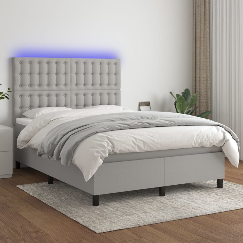 vidaXL Boxspringbett mit Matratze & LED Hellgrau 140x200 cm Stoff