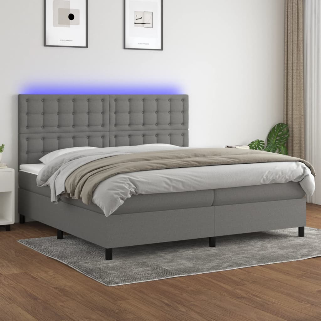 Sötétszürke szövet rugós és LED-es ágy matraccal 200x200 cm 