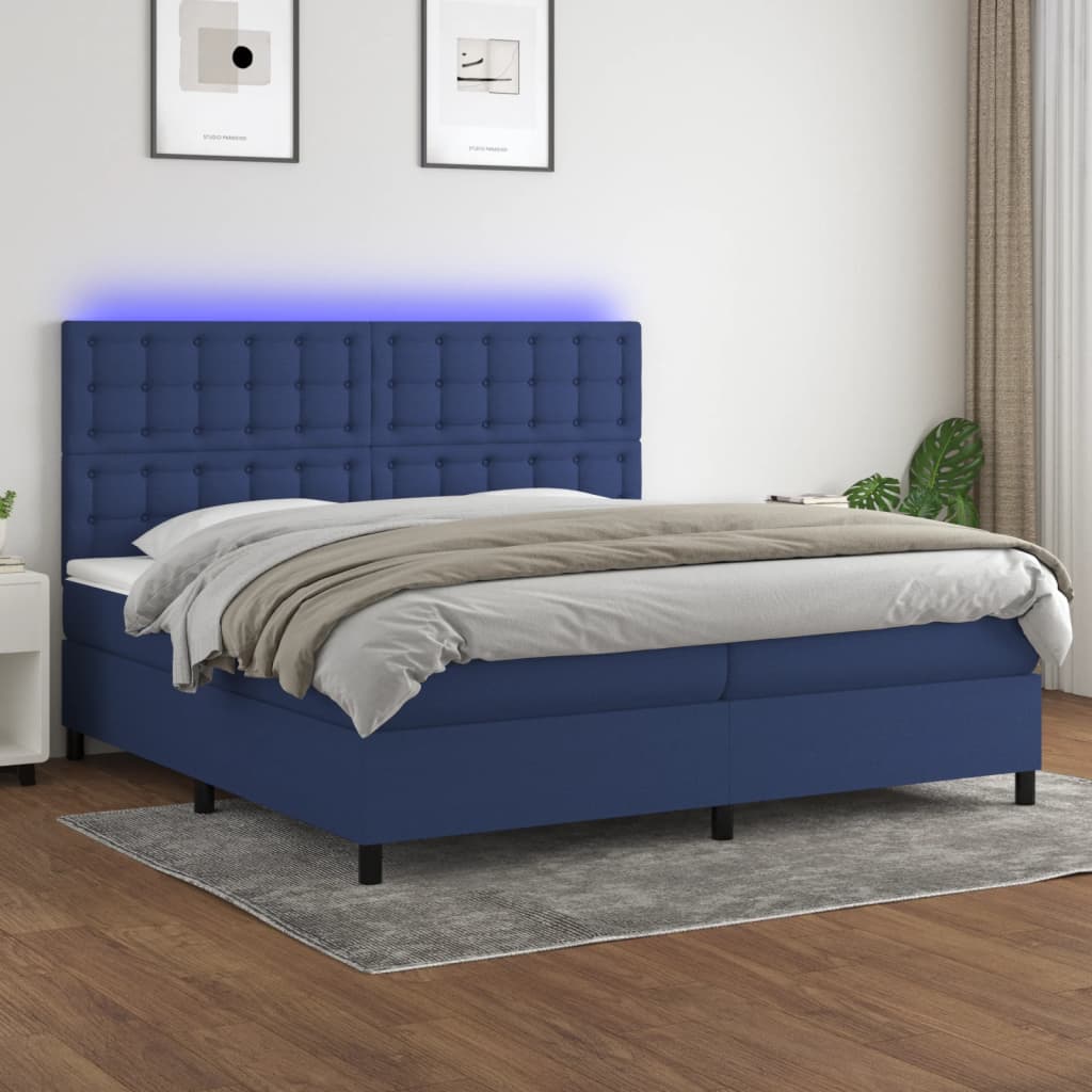 Box spring postel s matrací a LED modrá 200x200 cm textil