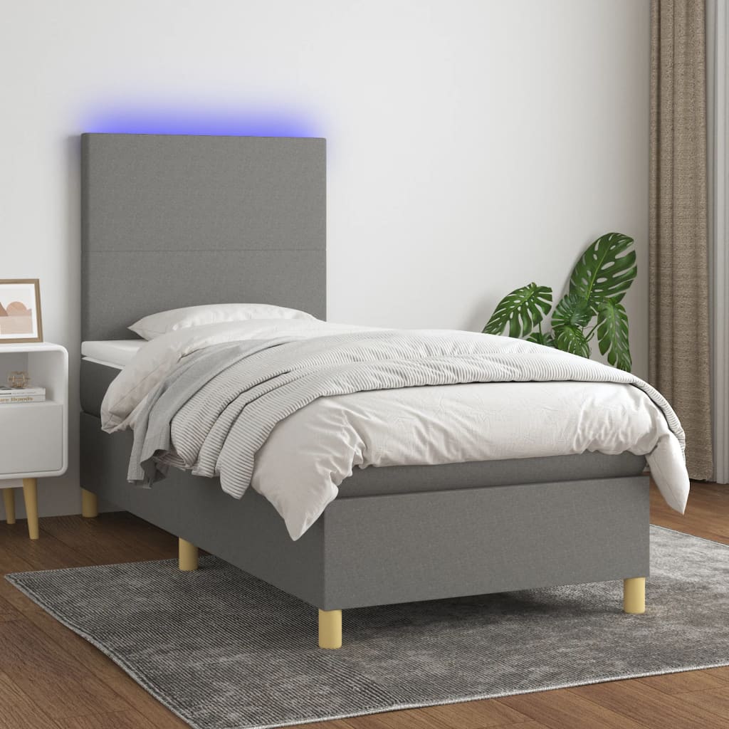 vidaXL Boxspringbett mit Matratze & LED Dunkelgrau 90x190 cm Stoff