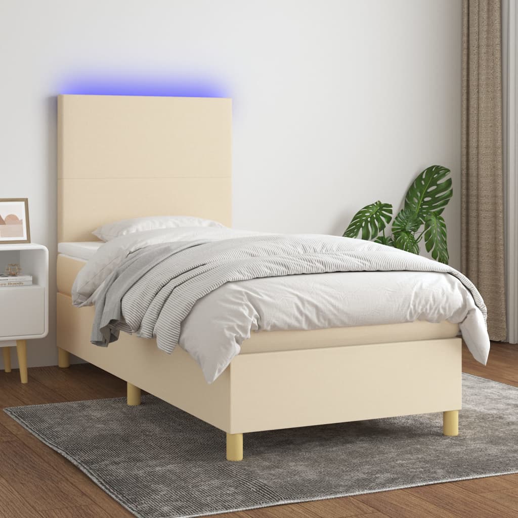 Krémszínű szövet rugós és LED-es ágy matraccal 90x190 cm 
