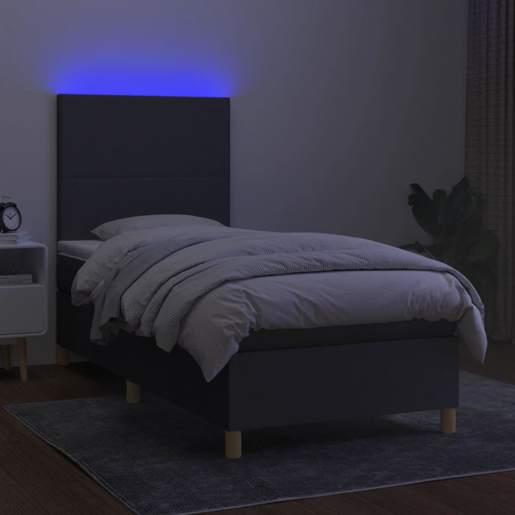 Sötétszürke szövet rugós és LED-es ágy matraccal 90x200 cm 