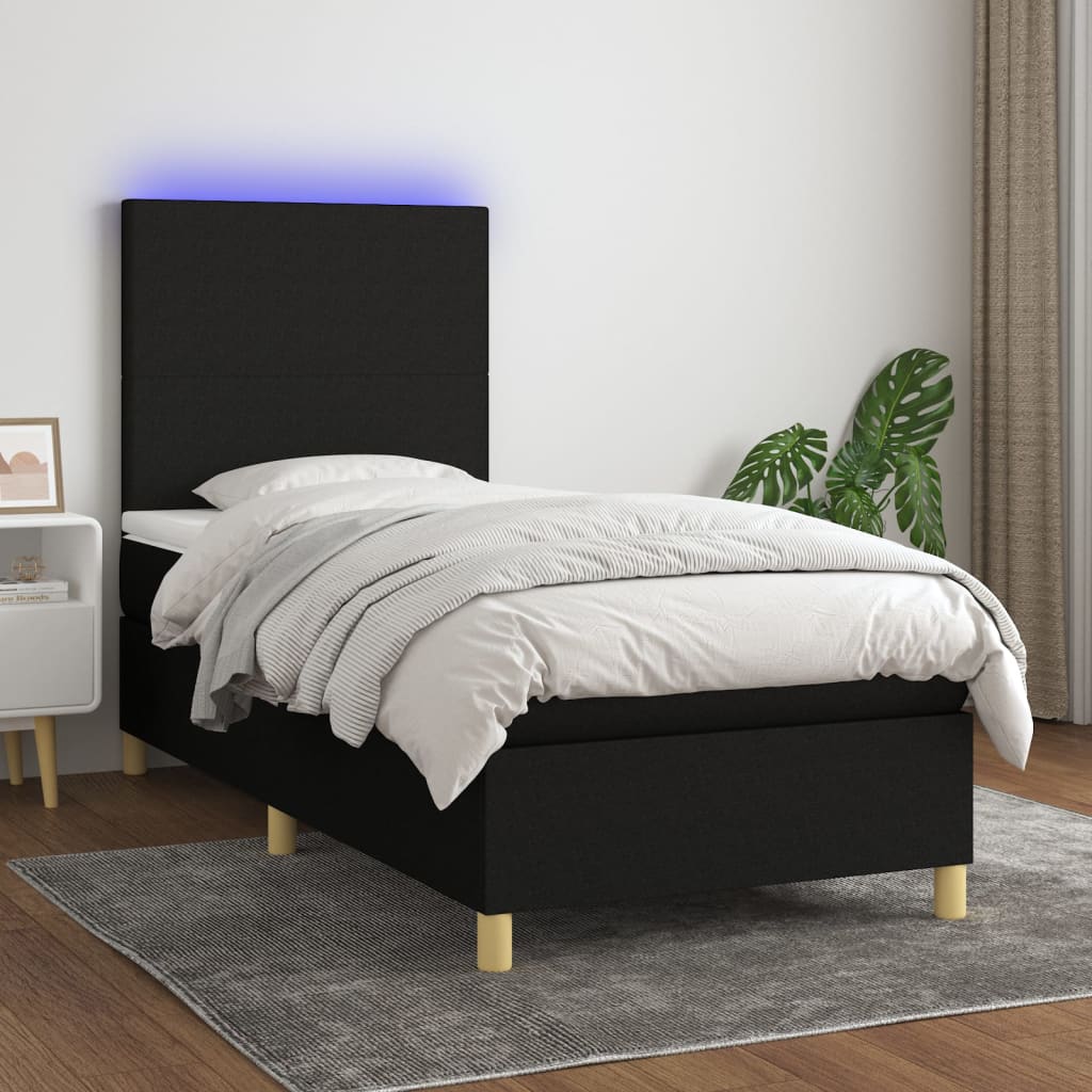 Box spring postel s matrací a LED černá 90x200 cm textil