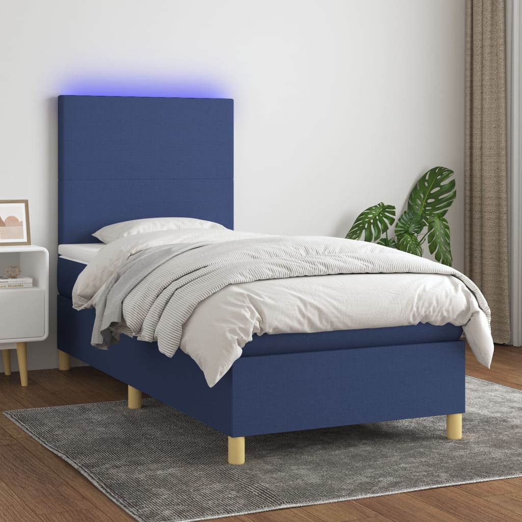 Box spring postel s matrací a LED modrá 90x200 cm textil