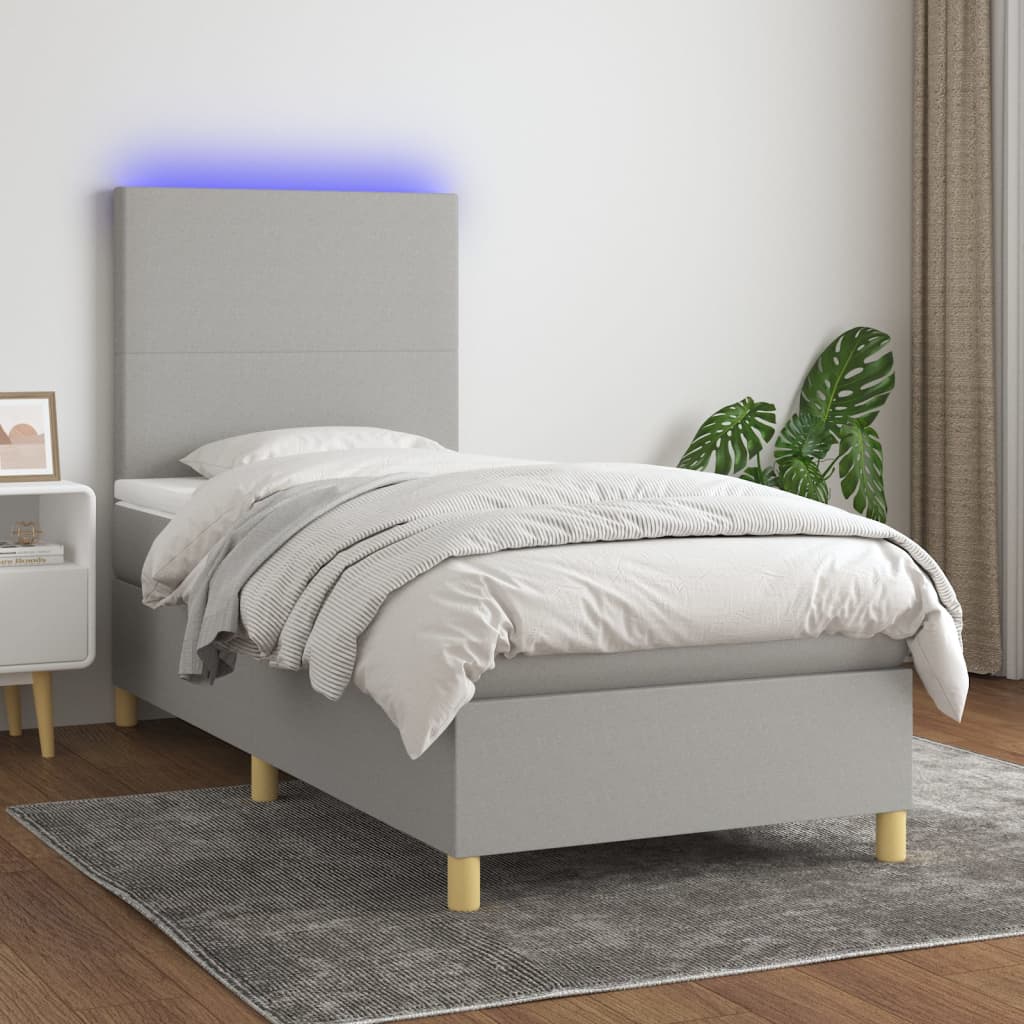 Sommier tapissier matelas et LED Gris clair 100x200 cm Tissu
