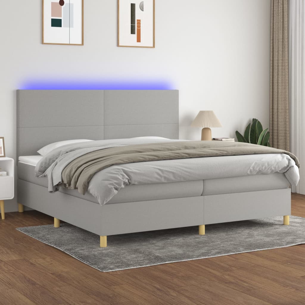 Box spring postel s matrací a LED světle šedá 200x200 cm textil