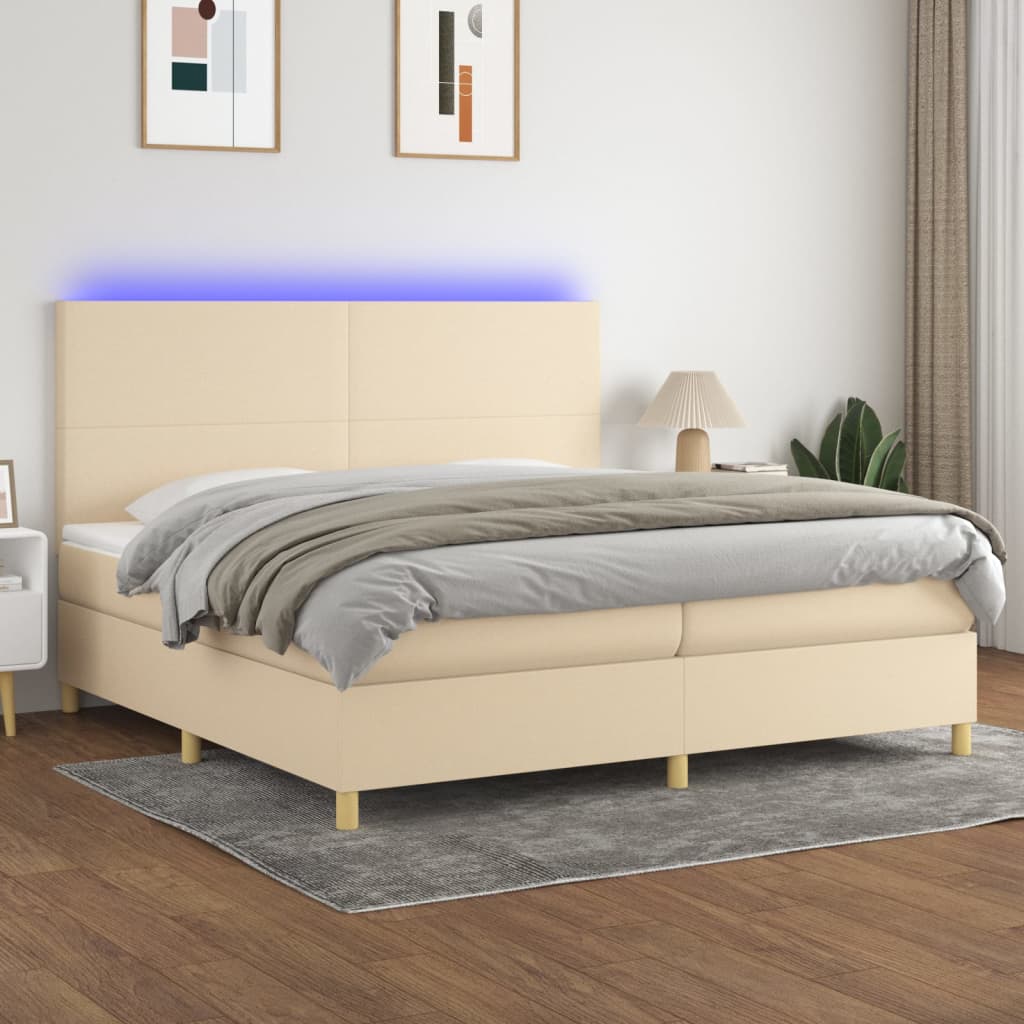 Sommier tapissier et matelas et LED Crème 200x200 cm Tissu